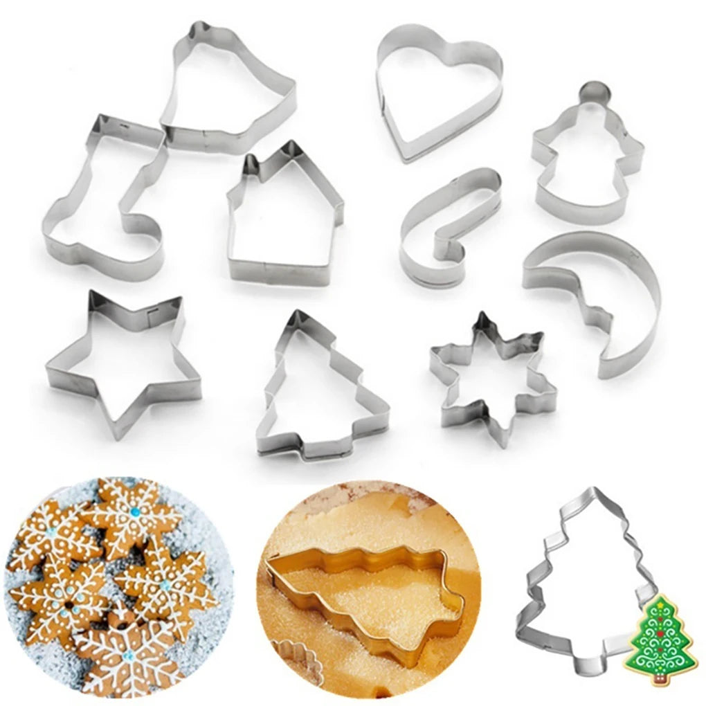 New 10PCS/Set Stainless Steel Christmas Cookie Cutters Xmas Tree Star House Bells Snowflake Baking Cake Biscuit Fondant Mold LES-AMOUREUX-DU-SUCRE